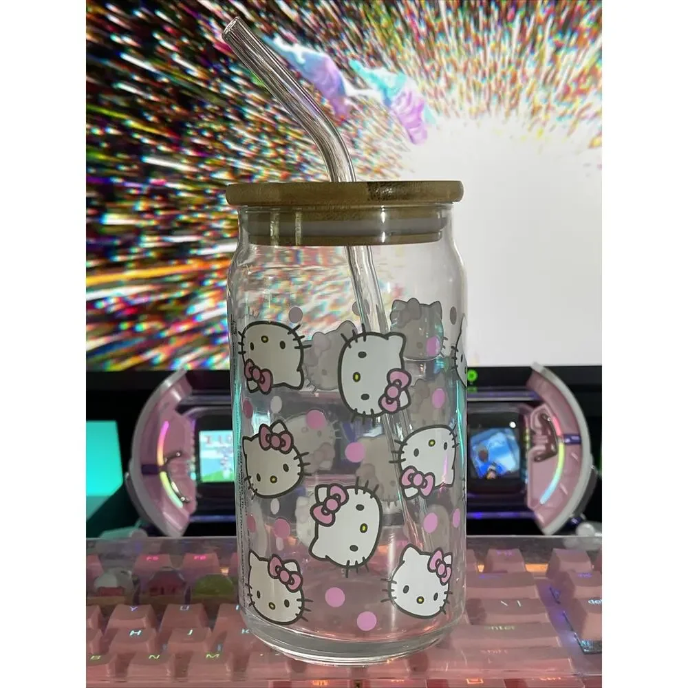 Hello Kitty Glass Tumbler Lid Straw Face Pink Bow Polka Dot Clear 2024 Sanrio